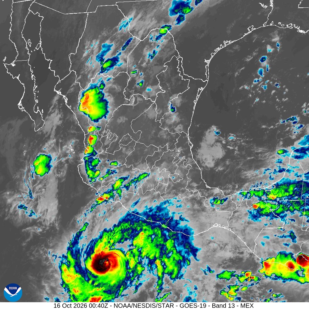 Imagen infrarroja NOAA GOES-19 del golfo de México y península de Yucatán